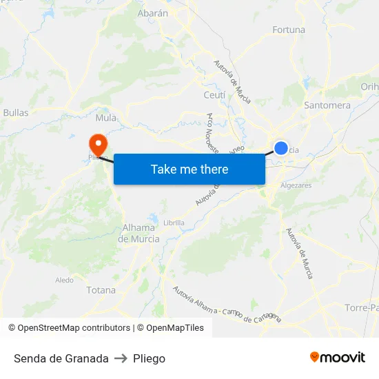 Senda de Granada to Pliego map