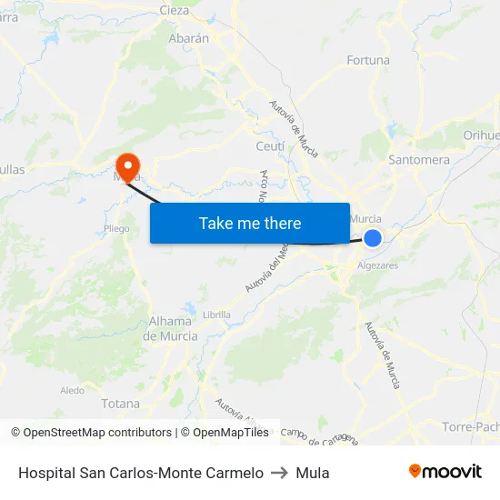 Hospital San Carlos-Monte Carmelo to Mula map