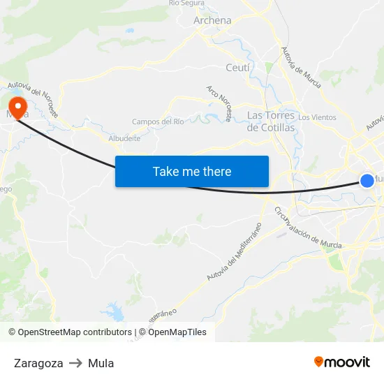 Zaragoza to Mula map