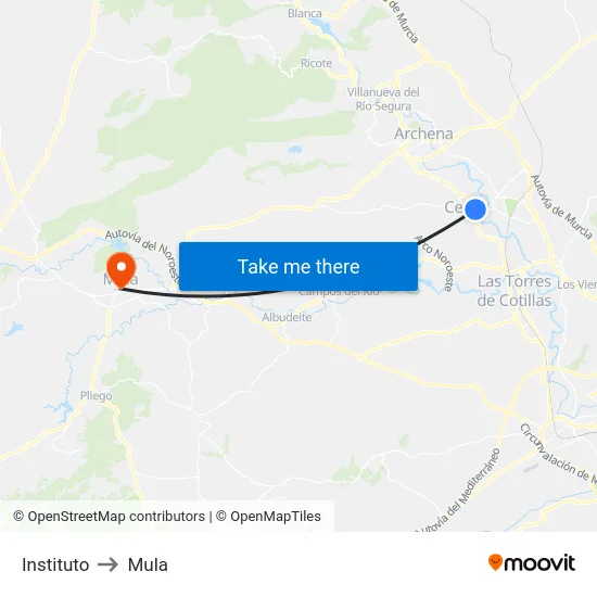 Instituto to Mula map