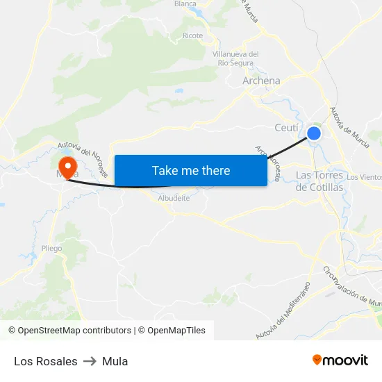 Los Rosales to Mula map