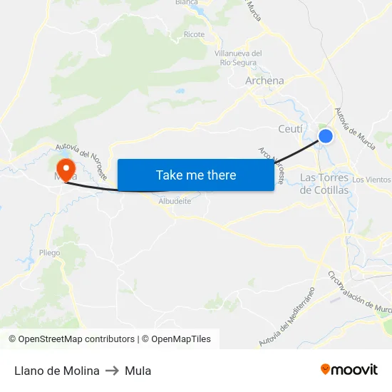 Llano de Molina to Mula map