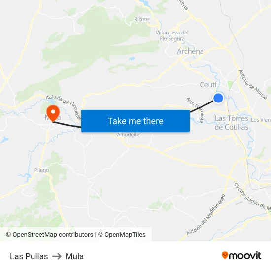 Las Pullas to Mula map