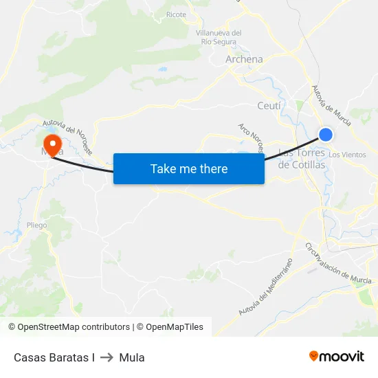Casas Baratas I to Mula map