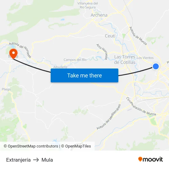 Extranjería to Mula map