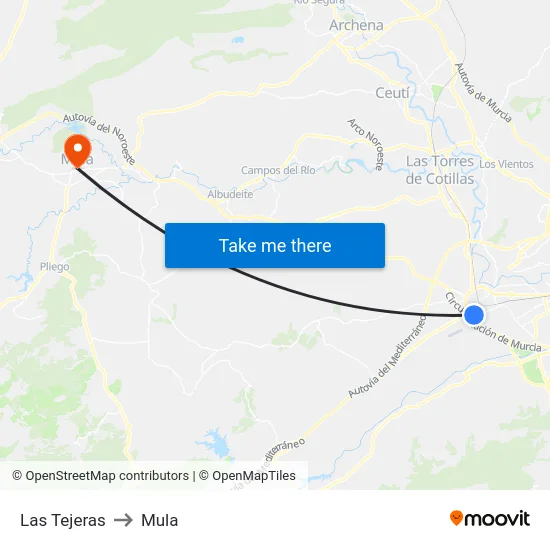 Las Tejeras to Mula map
