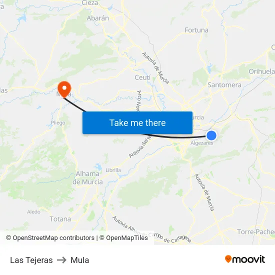 Las Tejeras to Mula map