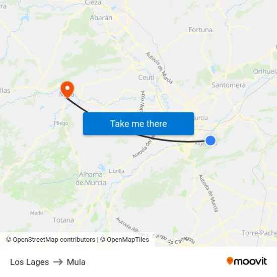 Los Lages to Mula map