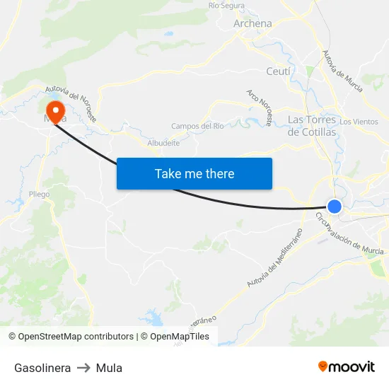 Gasolinera to Mula map
