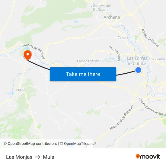 Las Monjas to Mula map