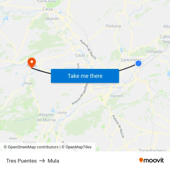 Tres Puentes to Mula map