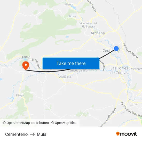 Cementerio to Mula map