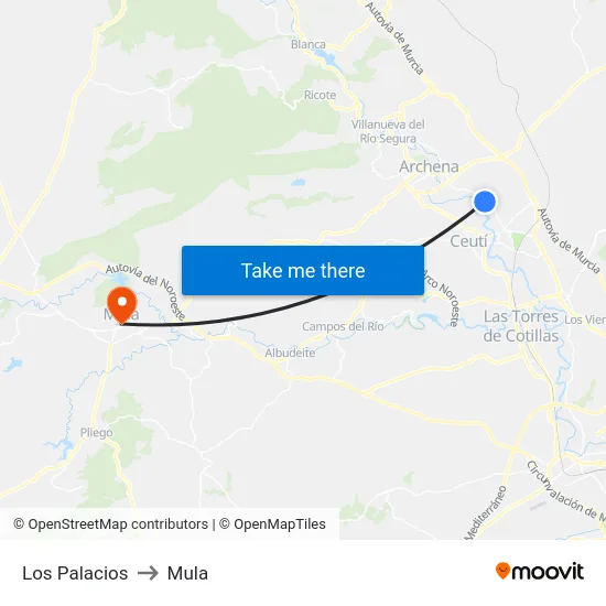 Los Palacios to Mula map