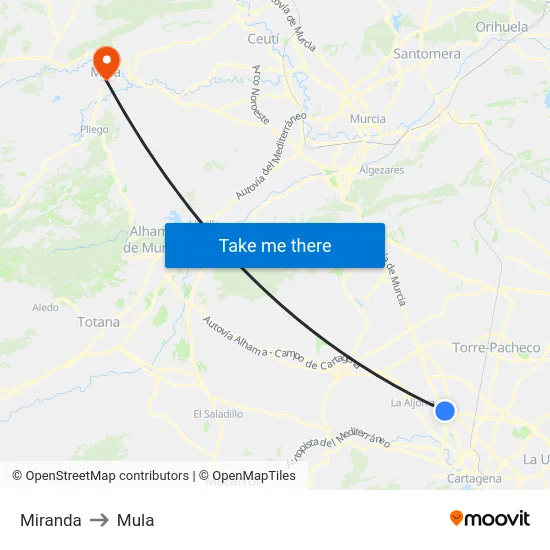 Miranda to Mula map