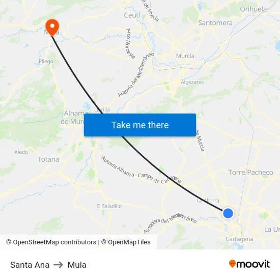Santa Ana to Mula map
