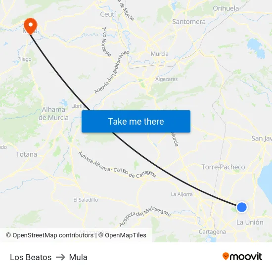 Los Beatos to Mula map