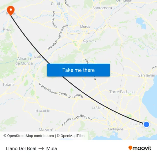 Llano Del Beal to Mula map