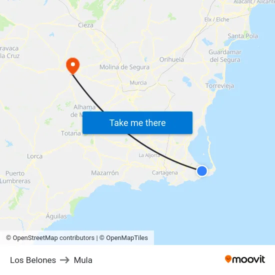 Los Belones to Mula map