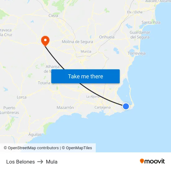 Los Belones to Mula map