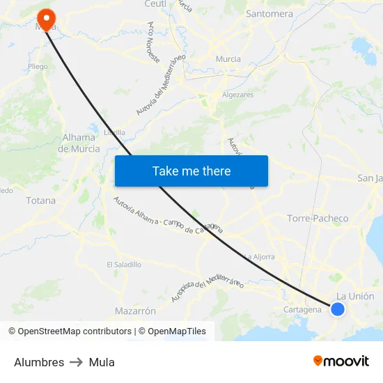 Alumbres to Mula map