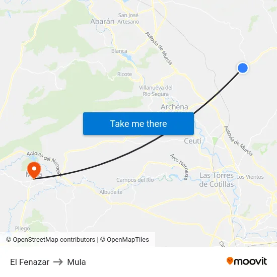 El Fenazar to Mula map