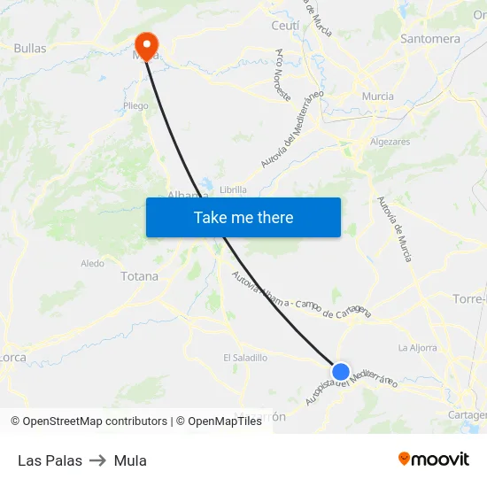 Las Palas to Mula map