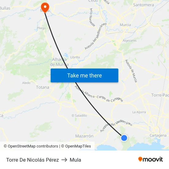Torre De Nicolás Pérez to Mula map