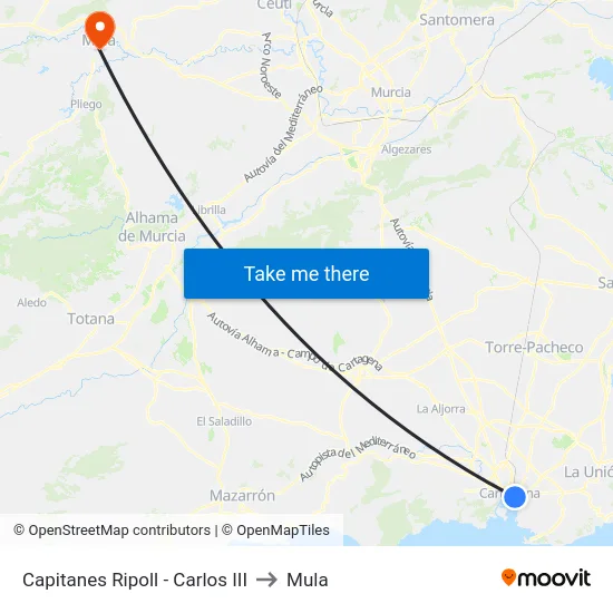 Capitanes Ripoll - Carlos III to Mula map