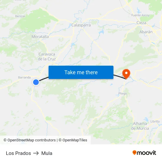 Los Prados to Mula map