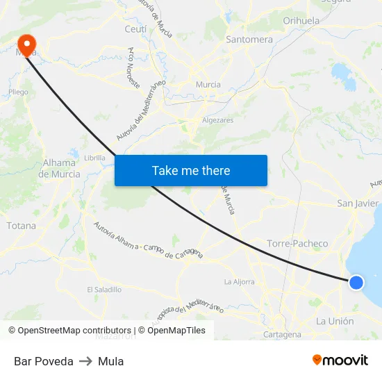 Bar Poveda to Mula map