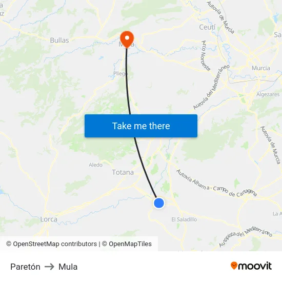 Paretón to Mula map