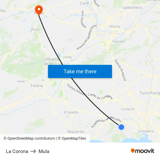 La Corona to Mula map