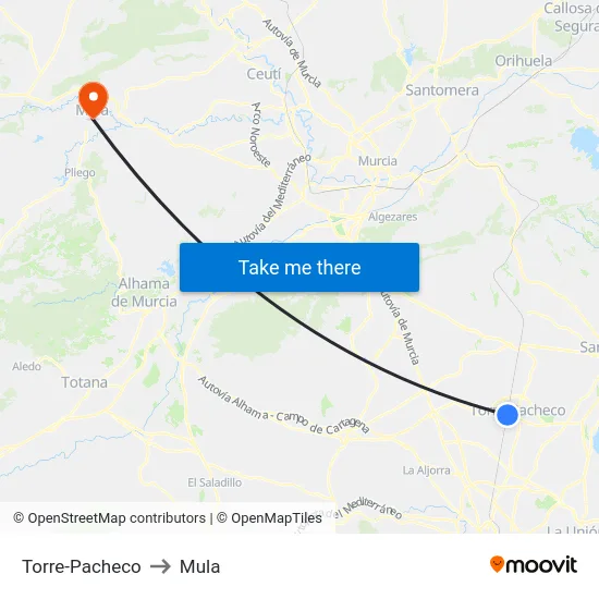 Torre-Pacheco to Mula map