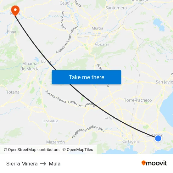 Sierra Minera to Mula map
