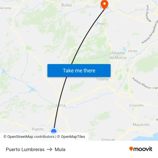 Puerto Lumbreras to Mula map