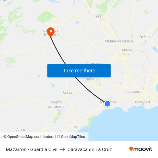 Mazarrón - Guardia Civil to Caravaca de La Cruz map