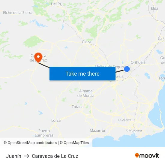 Juanín to Caravaca de La Cruz map