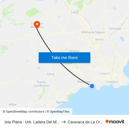 Isla Plana - Urb. Ladera Del Mar to Caravaca de La Cruz map