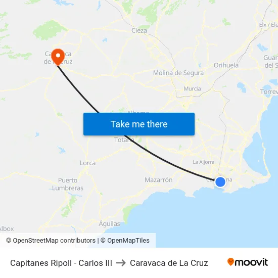 Capitanes Ripoll - Carlos III to Caravaca de La Cruz map