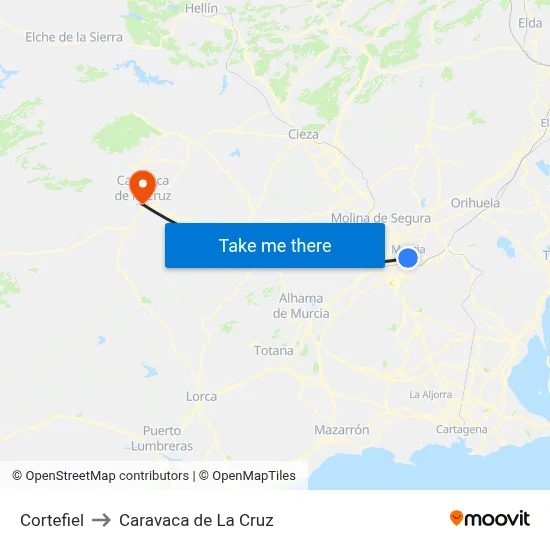 Cortefiel to Caravaca de La Cruz map