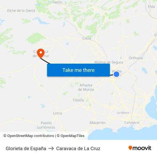 Glorieta de España to Caravaca de La Cruz map