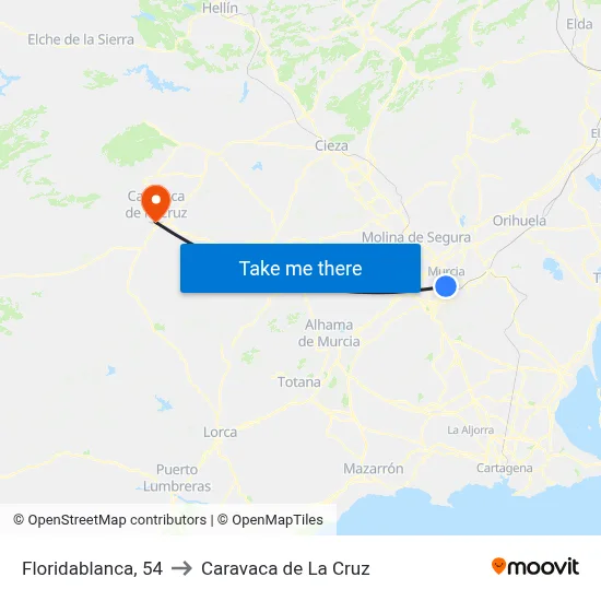 Floridablanca, 54 to Caravaca de La Cruz map
