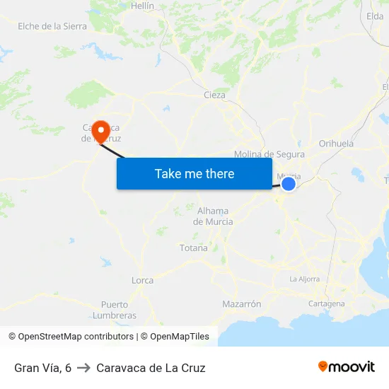 Gran Vía, 6 to Caravaca de La Cruz map