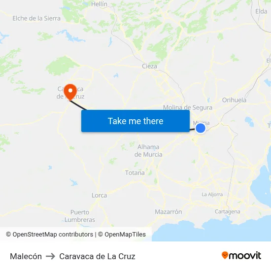 Malecón to Caravaca de La Cruz map