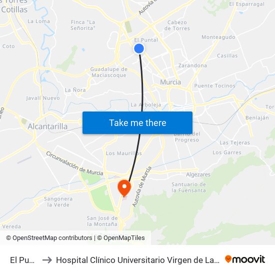 El Puntal to Hospital Clínico Universitario Virgen de La Arrixaca map