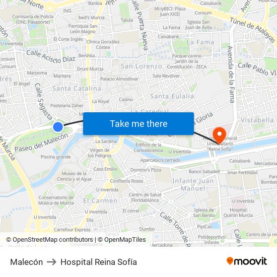 Malecón to Hospital Reina Sofía map