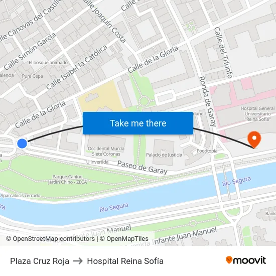Plaza Cruz Roja to Hospital Reina Sofía map