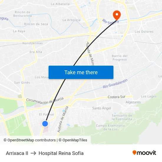 Arrixaca II to Hospital Reina Sofía map
