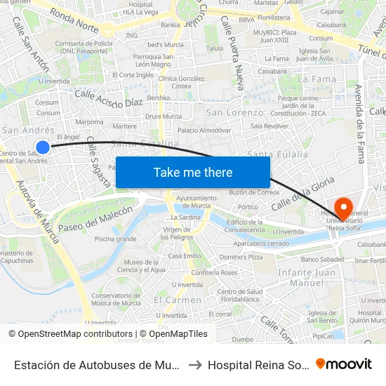 Estación de Autobuses de Murcia to Hospital Reina Sofía map