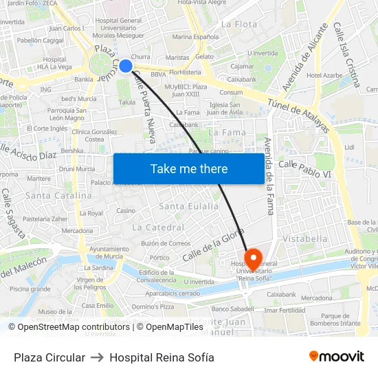 Plaza Circular to Hospital Reina Sofía map